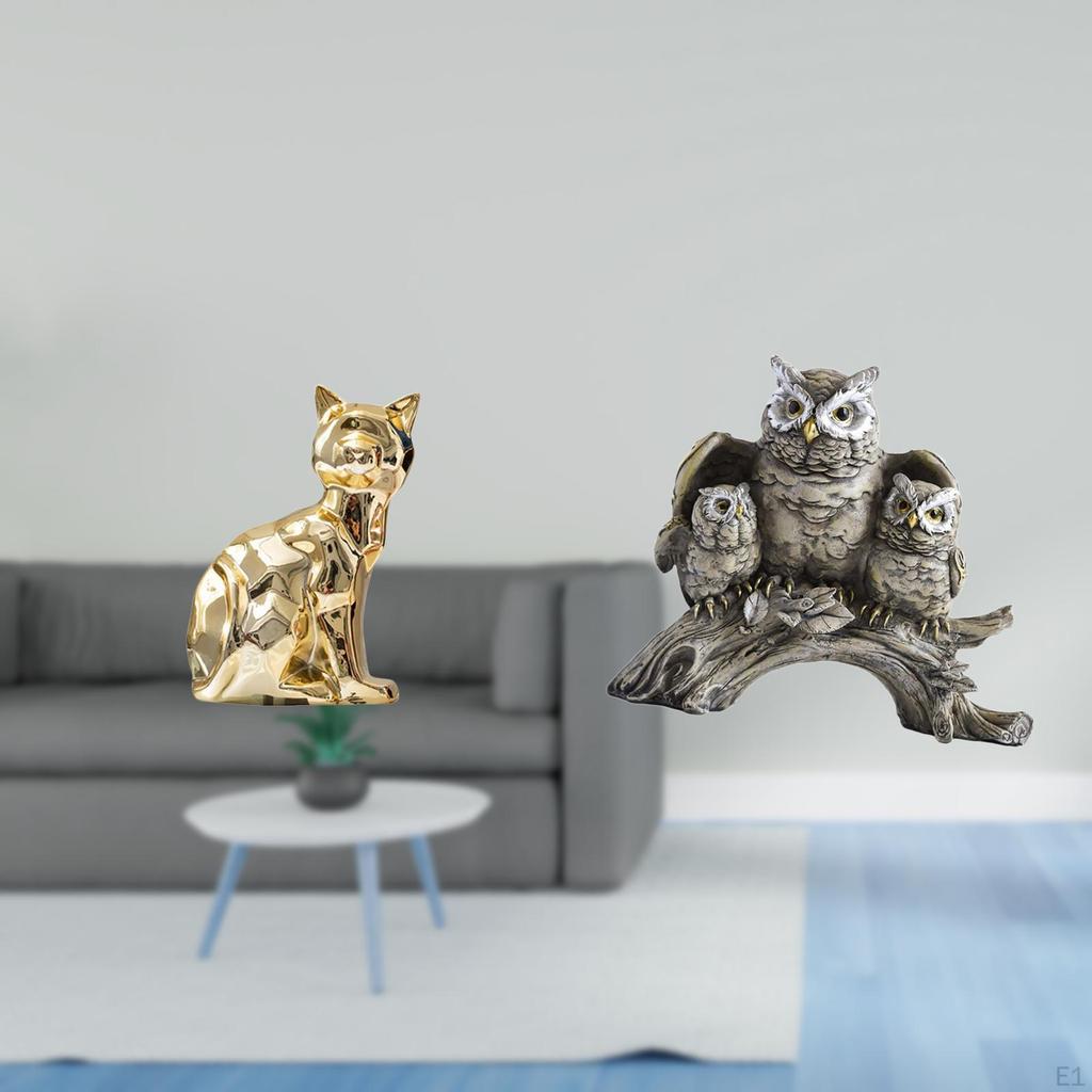 Cat Owl Statue Decorative Figurine Animal Sculpture Art Craft Ornament for Fireplace Tabletop Modern