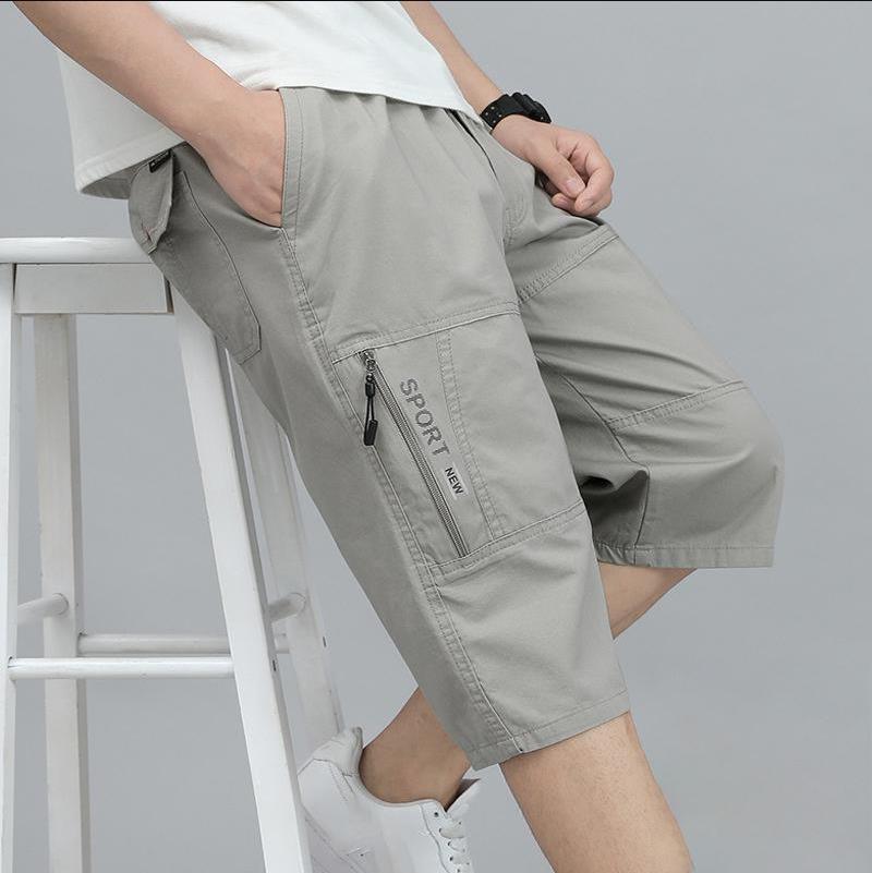 Summer Men's Outdoor Casual Cargo Shorts Knee Pants Zipper Pocket Cotton Shorts Climbing Jogger Elastic Waist Sports Wear