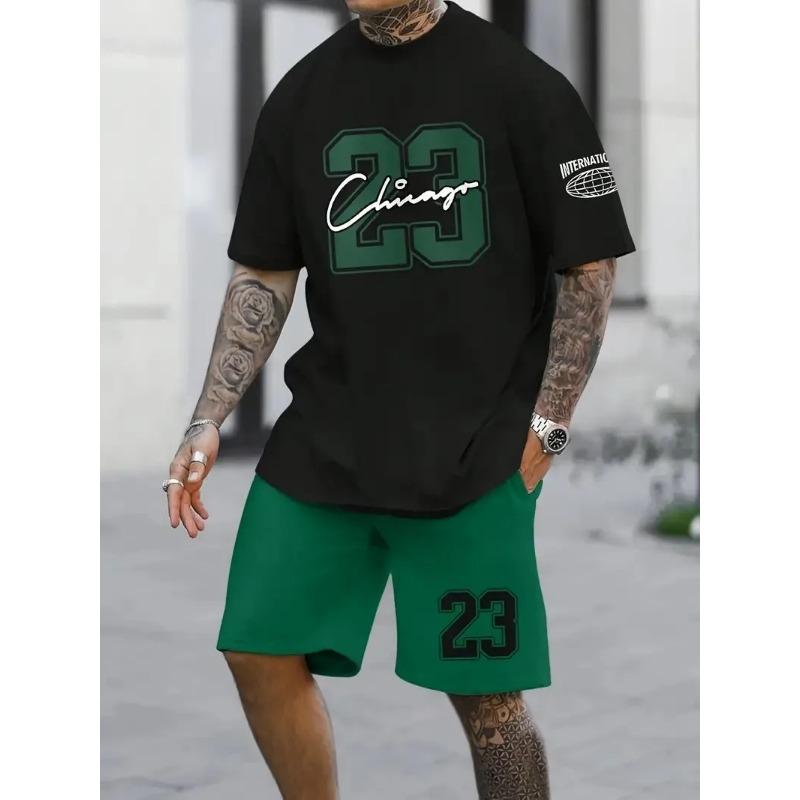 Pantaloni scurți sport cu mânecă scurtă pentru bărbați, set casual din două piese, jurnal de stradă, Harajuku, imprimeu digital lejer, vară,