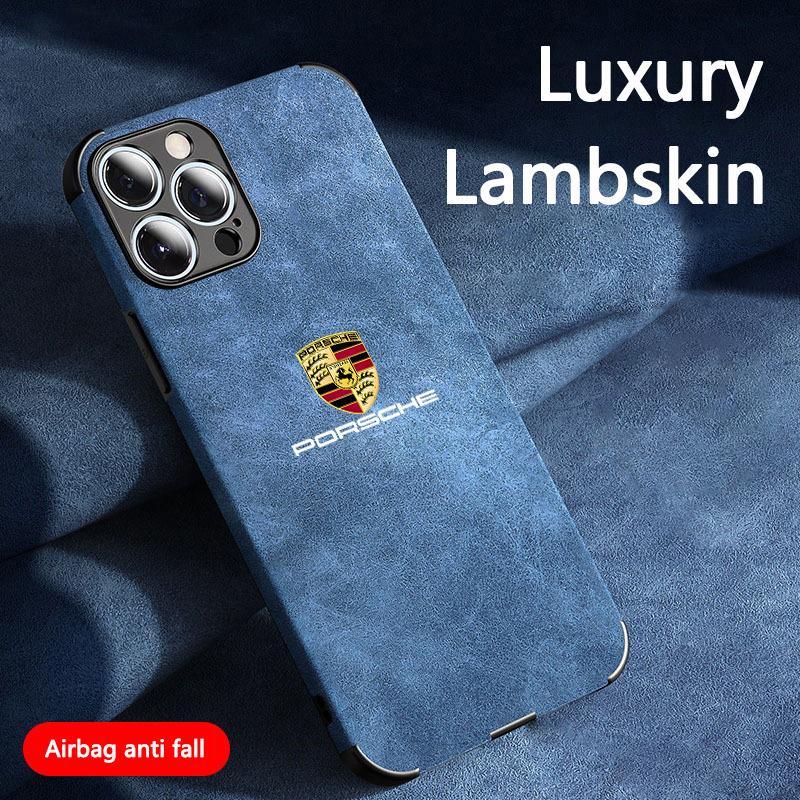 Für Porsche Embleme Wildleder All-inclusive Handyhülle für iPhone 16 15 13 14 11 12 Pro Max 12 Mini 7 8 XR X XS 16 Plus 15 Pro Max Hülle
