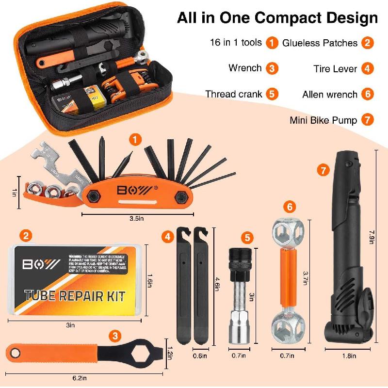 Fahrradreparaturtasche mit Reifenpumpe, Tragbares Werkzeugset für Campingreisen - Fahrrad Flicken ohne Kleber, Wartungsutensilien Alles in Einem Sicherheitsset