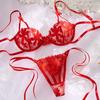 Big Red Ribbon Sexy Lingerie Ultra-thin Embroidered Bra Red Transparent Gathering Lace Underwear Set