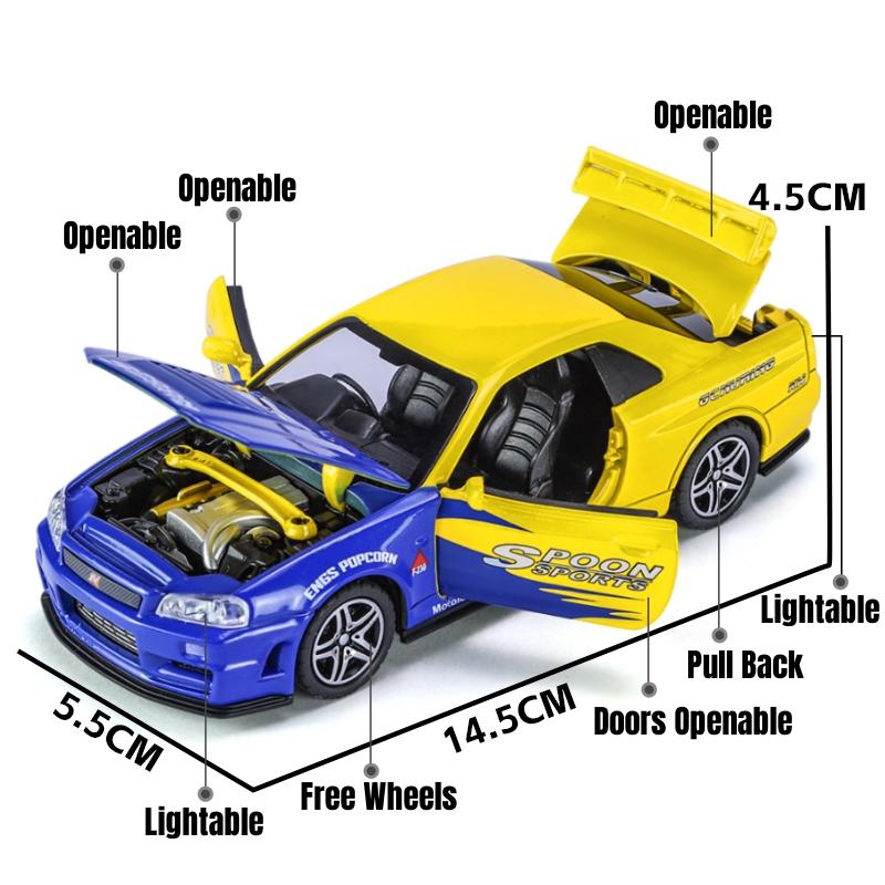 1/32 Nissan GTR34 Skyline GTR Toy Car Model Diecast Racing Miniature Model Sound & Light Pull Back Collection Gift Children Boy