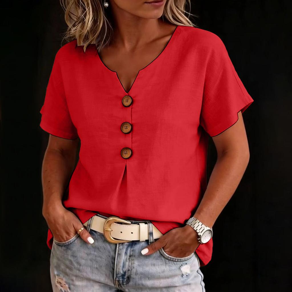 Women’s V Neck Cotton Linen Short Sleeve Button Front Casual Loose Fit Blouse Lightweight Summer Top for Daily Wear