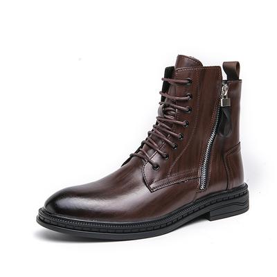 Buty męskie z bocznym zamkiem błyskawicznym Wygodne wysokie motocyklowe buty Męskie buty codzienne Brązowa skóra Jesień Sznurowane na grubej podeszwie