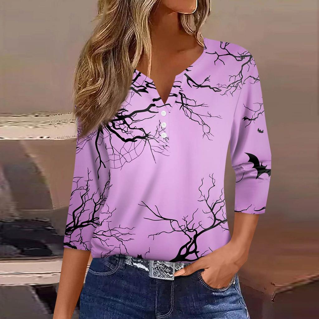 Women's Fashion Casual T-Shirt V-Neck Seven Sleeve  Printed Button Top