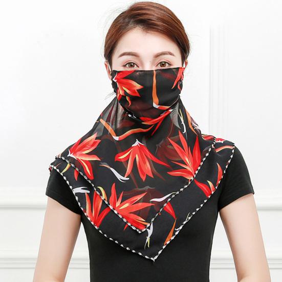 Women Floral Print Breathable Chiffon Sun Proof Veil Shawl Scarf Neck Face Cover