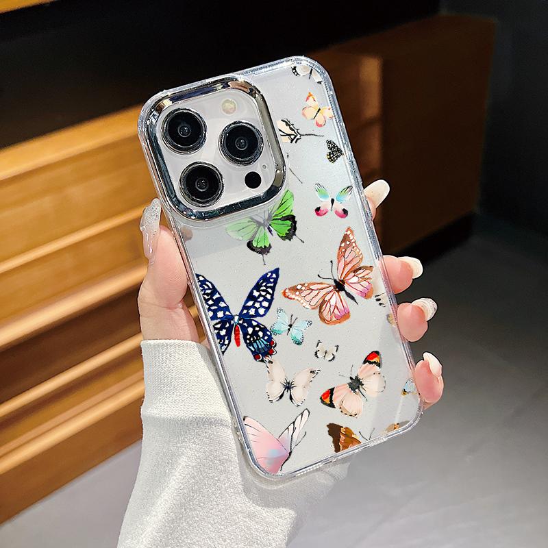 

Plating Flowers Butterfly Phone Case For iPhone 16 15 Pro Max Plus 14 13 12 11 Pro Electroplated Lens Frame Clear Cover For iPhone 13
