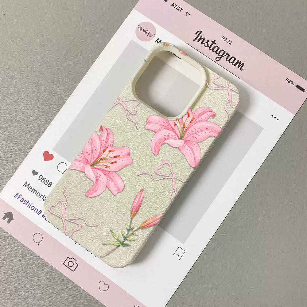 Pink Lily Floral Print with Bow Detail Phone Case For Samsung S26 Ultra S25 S24 FE S23 A55 A54 A53 A36 A34 A26 A17 A15 A06 Cover