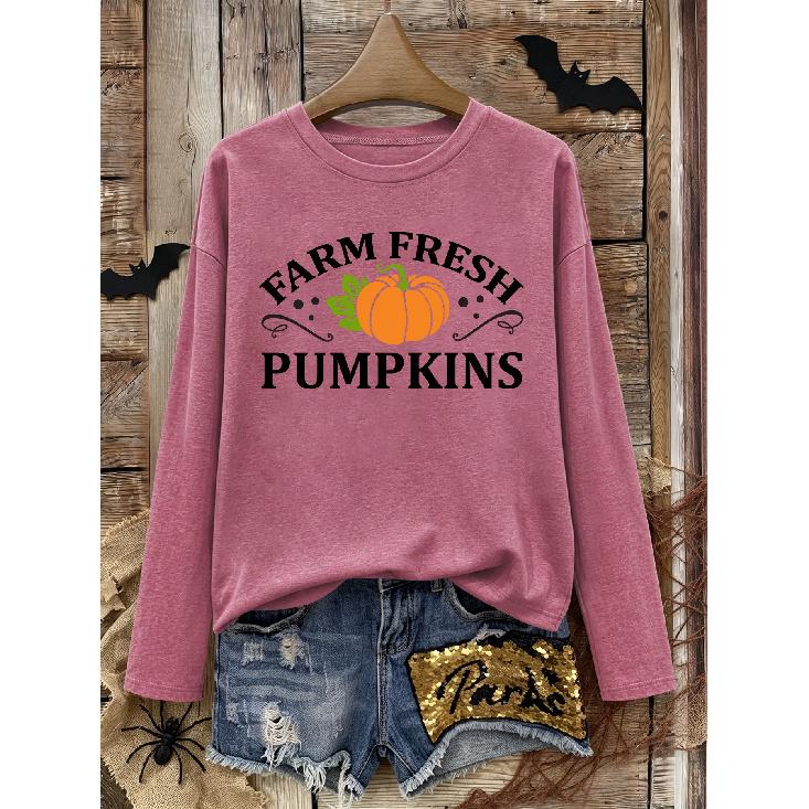 Halloween Party Gift For Women Farm Fresh Pumpkins Text Pumpkin Print Round Neck Long Sleeve T Shirt Versatile For Daily Wear