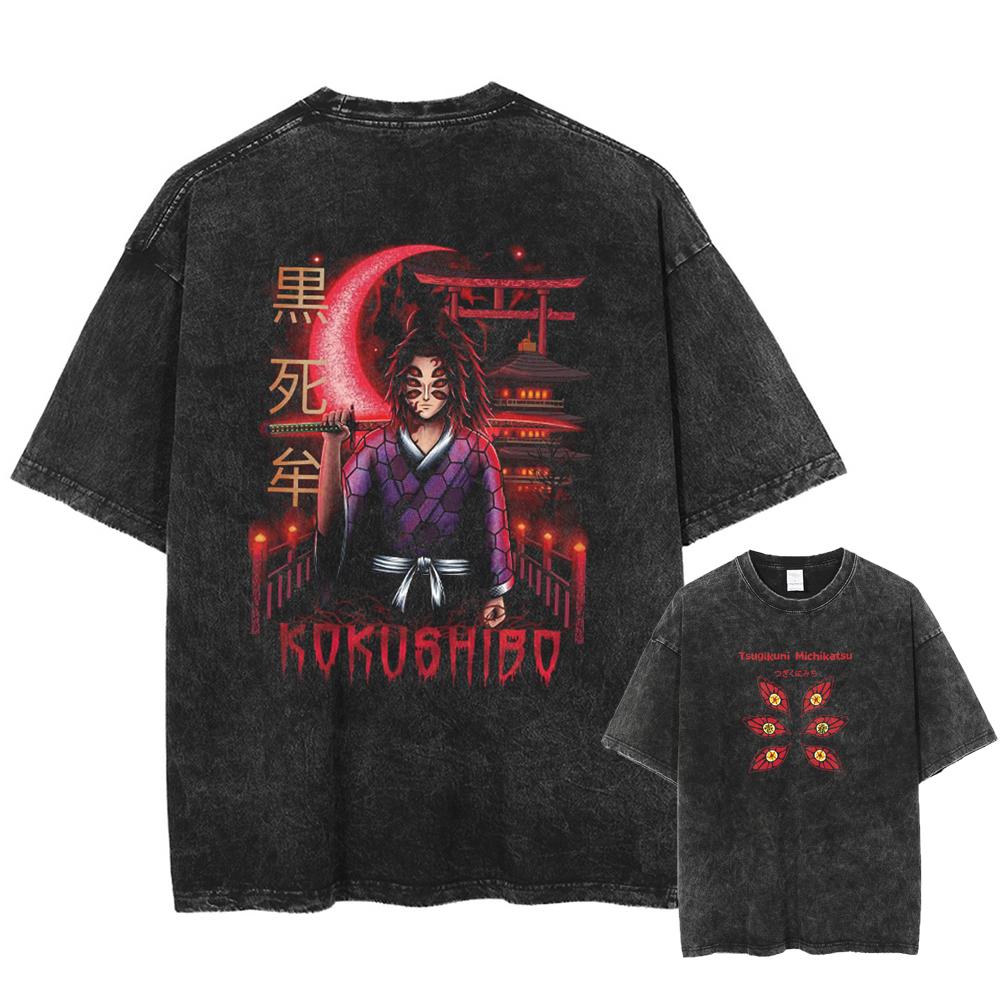 Men Streetwear Summer Rengoku Kyoujurou Top Tee Harajuku Anime Demon Slayer Printed T-shirt Vintage Washed Oversized Tshirt