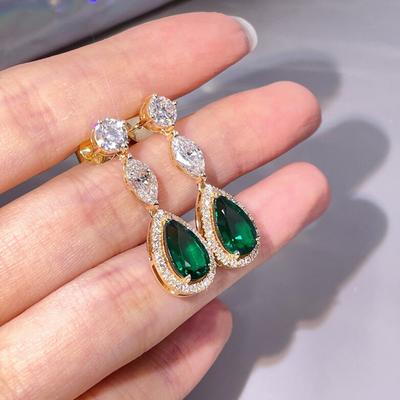 New Luxury Gold Color Women Earrings Pear Shape Green Cubic Zirconia Drop Earrings Elegant Bride Wedding Accessories Jewelry