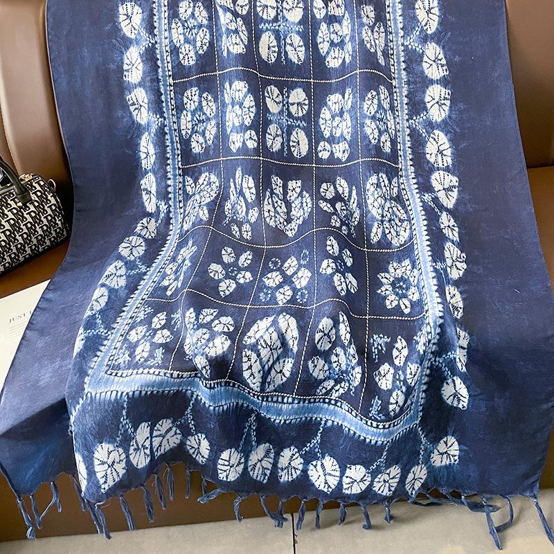 

Spring And Autumn Retro Ethnic Style Travel Sunscreen Shawl Blue Spring And Summer Thin Cotton And Linen Fringed Scarf
