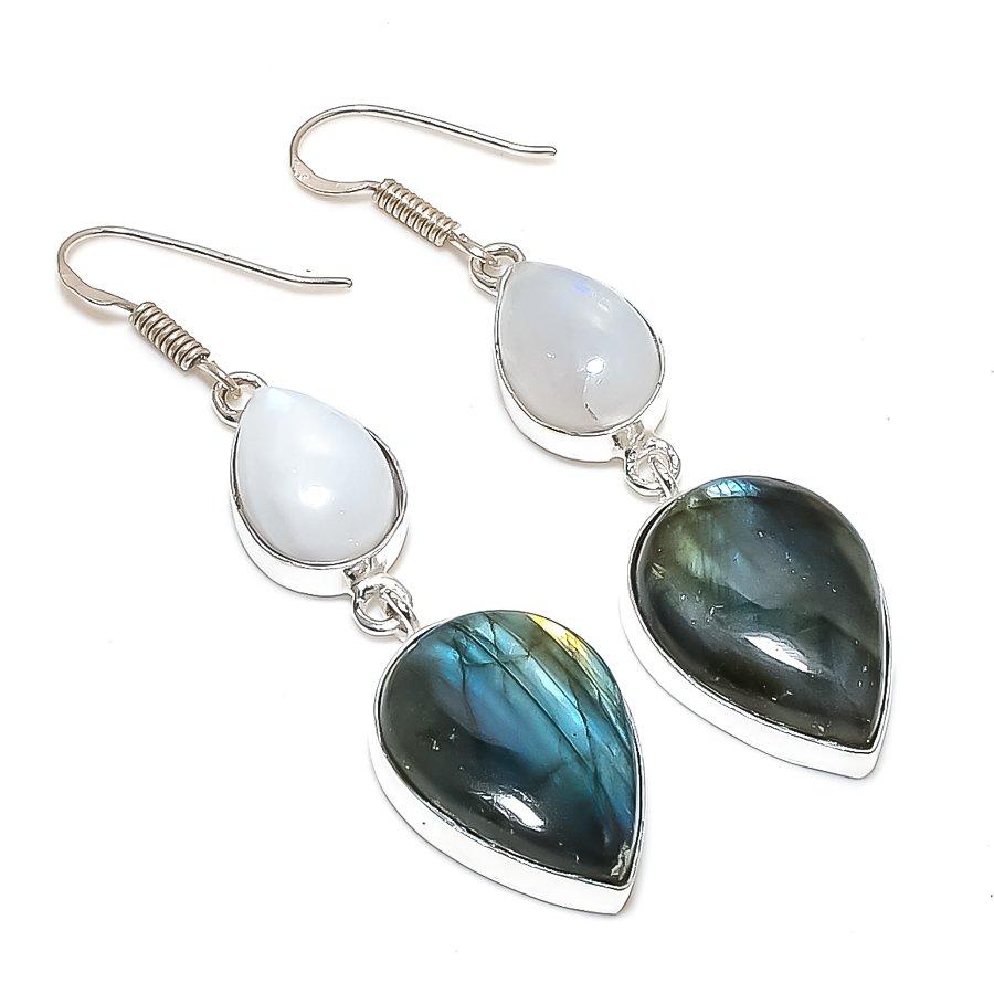 Natural Labradorite Gemstone 925 Sterling Silver Jewelry Earring 2.48" AE-13088
