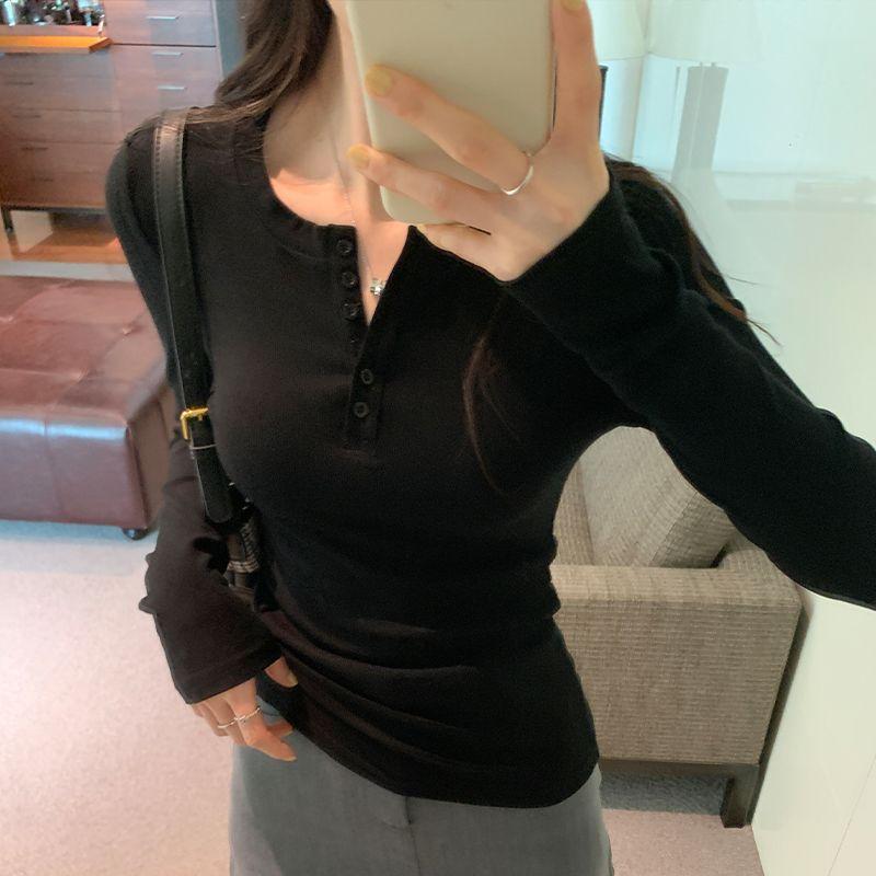 

Shoulder Spring & Fall Half-Open Collar Silm Minimalist Long Sleeve Breasted Black L