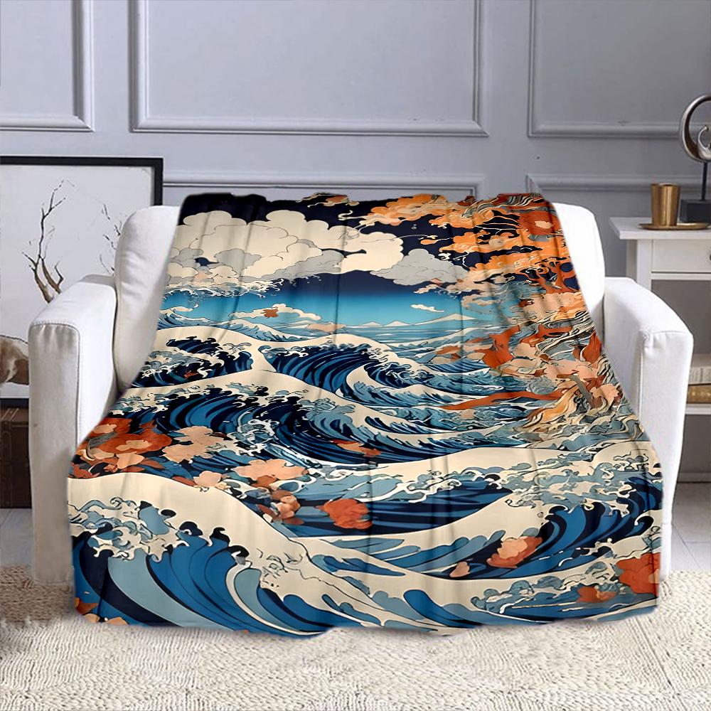 "Japanese Wave and Blossom Art Blanket" Patterned flannel blanket perfect for the bedroom living room, sofa, or a little nap