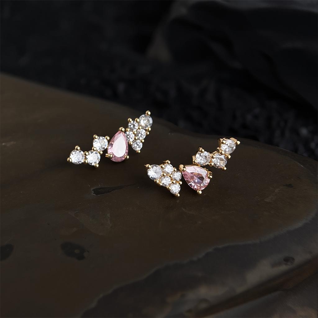 18K Gold Plated Teardrop Pink Zircon Stud Earrings - Elegant & Luxurious Women's Jewelry