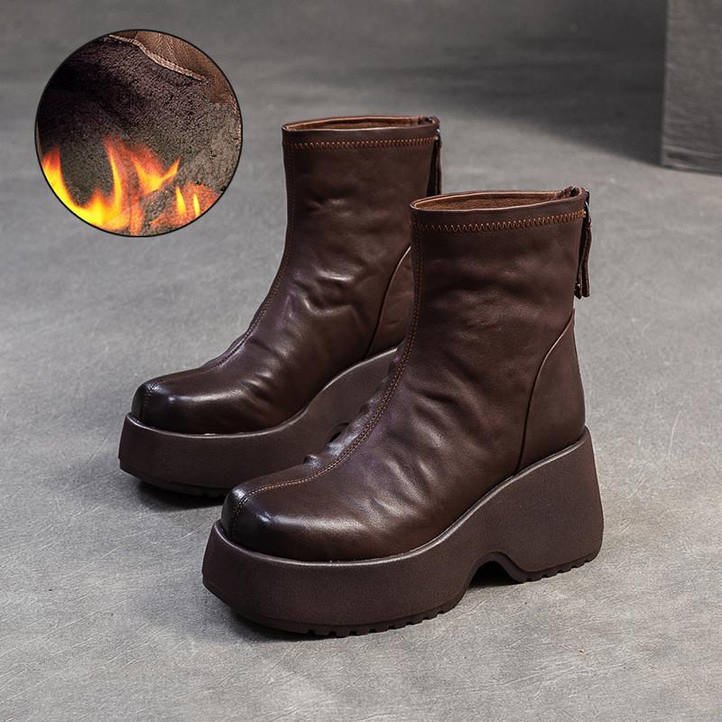 Johnature Všestranné Krátké kozačky z pravé kůže Retro Kulatá špička Dámské boty s tlustou podrážkou