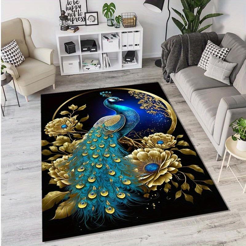 Luxurious Peacock & Floral Design Area Rug - Anti-Slip, Soft Polyester Floor Mat for Bedroom, Living Room, Office, and More