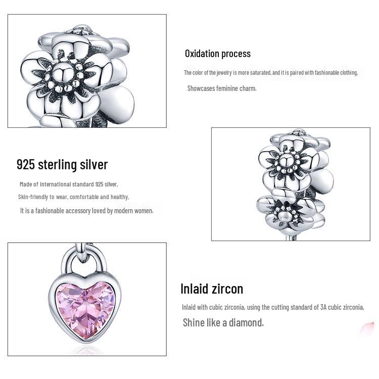 Original DIY Pink Flower S925 Silver Beaded Bracelet Jewelry Accessory SCC1485