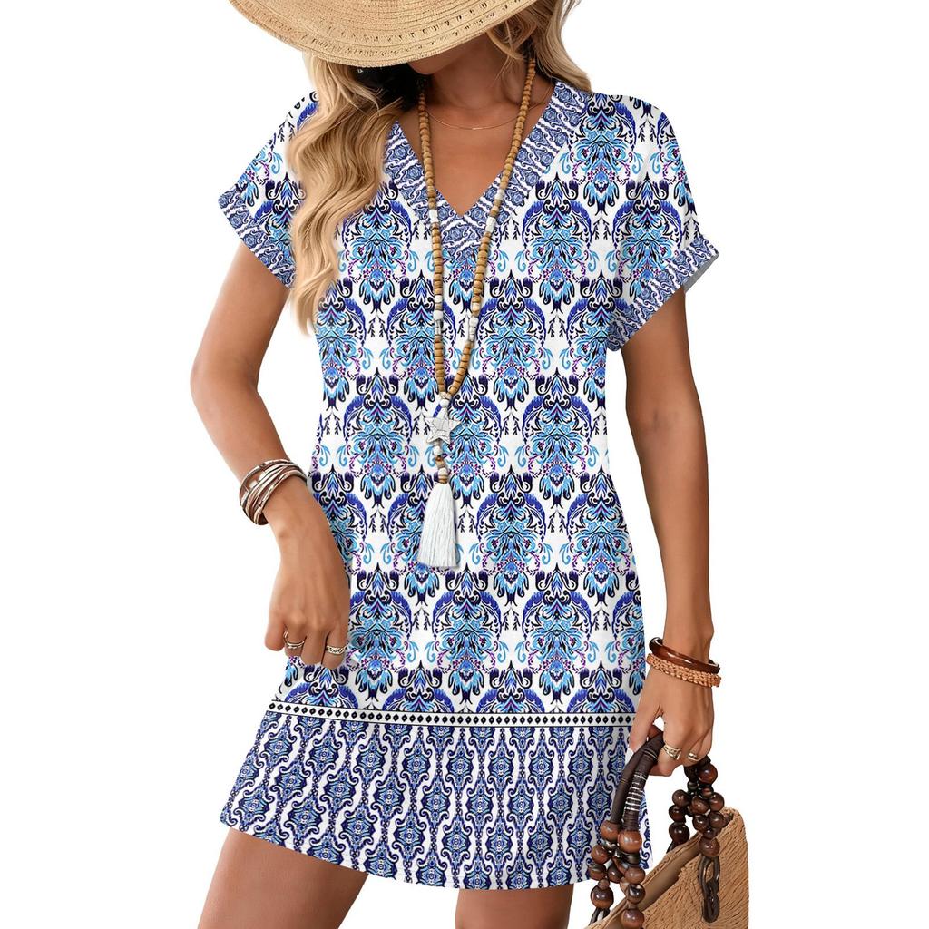 Women's Fashion Print V-Neck Short Sleeve Pocket Casual Pullover Dress