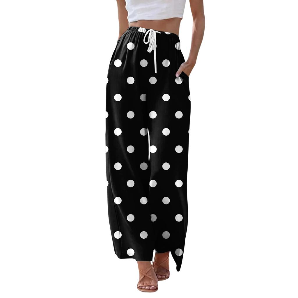 Women's Casual Dot Print Wide Leg Drawstring Pocket Beach Casual Pants