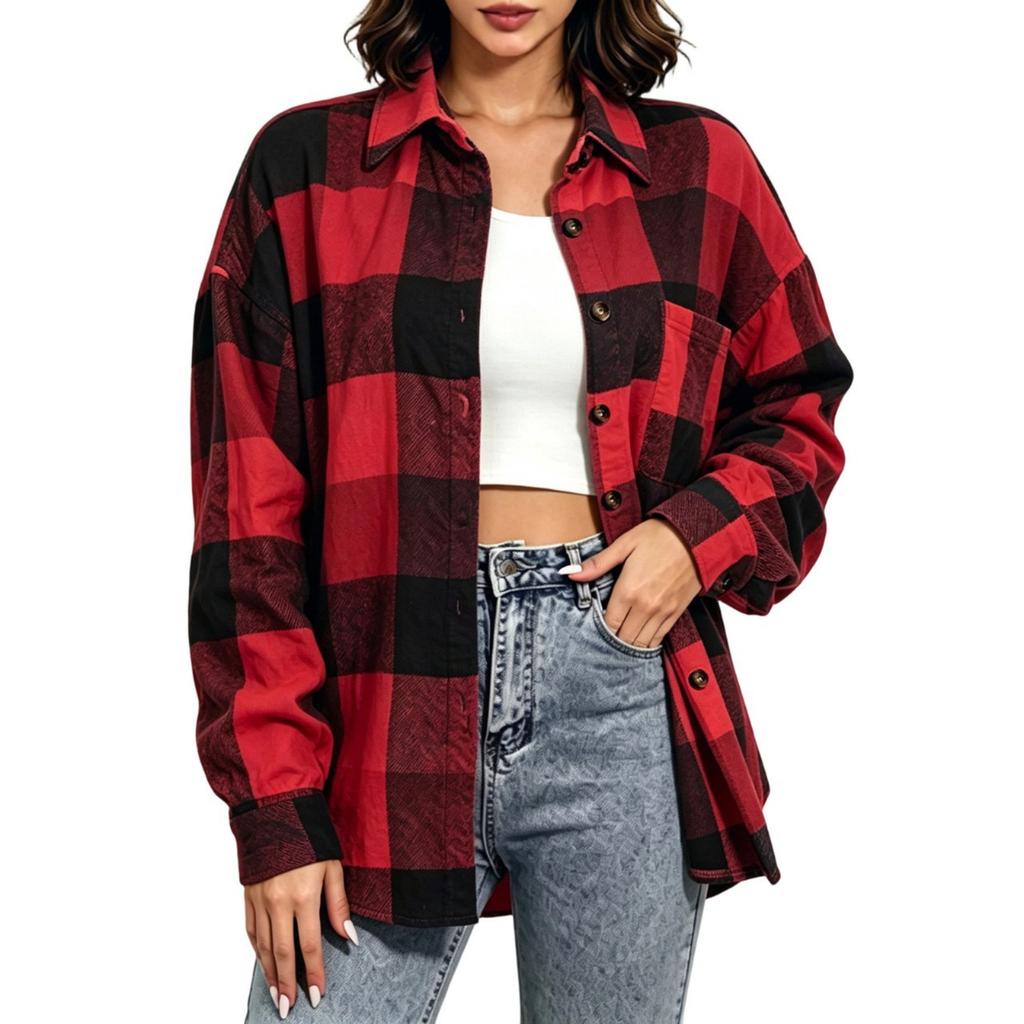 Camisa de Moda para Mujer a Cuadros con Botones Manga Larga Corte Holgado Cuello Blusa para Uso Casual de Trabajo