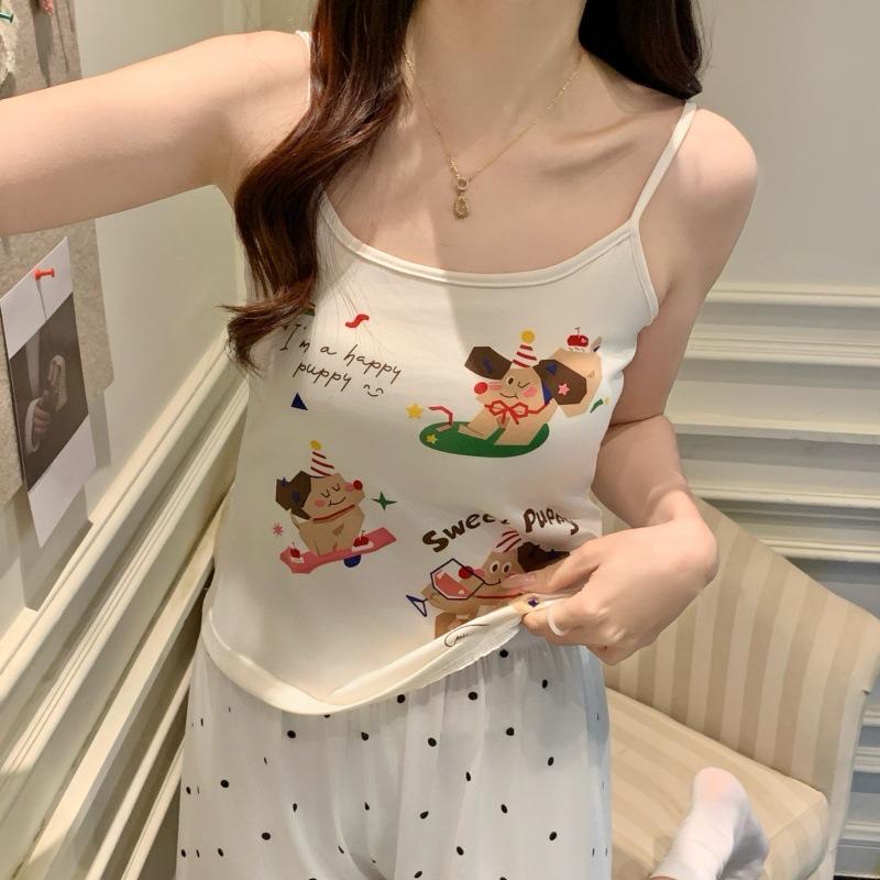 Women's Summer Cartoon Camisole Tank Top & Shorts Pajama Set with Chest Pads - Comfortable Home Wear
