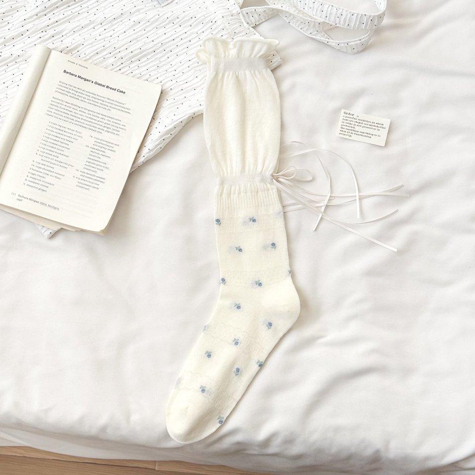 Spring and Summer Thin Ballet Style Women Socks JK Floral Ribbon Women Calf Socks Super Fairy Mesh Breathable Cotton Pile Socks