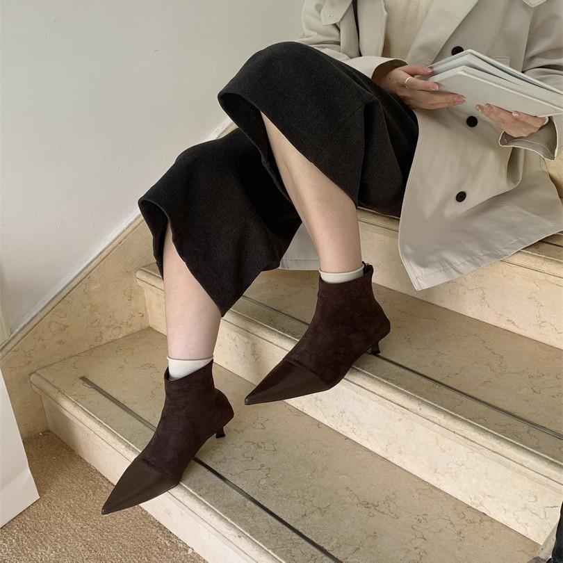 2025 autumn and winter new pointed suede splicing thin heel medium heel short boots high heel elastic thin boots socks boots women's shoes