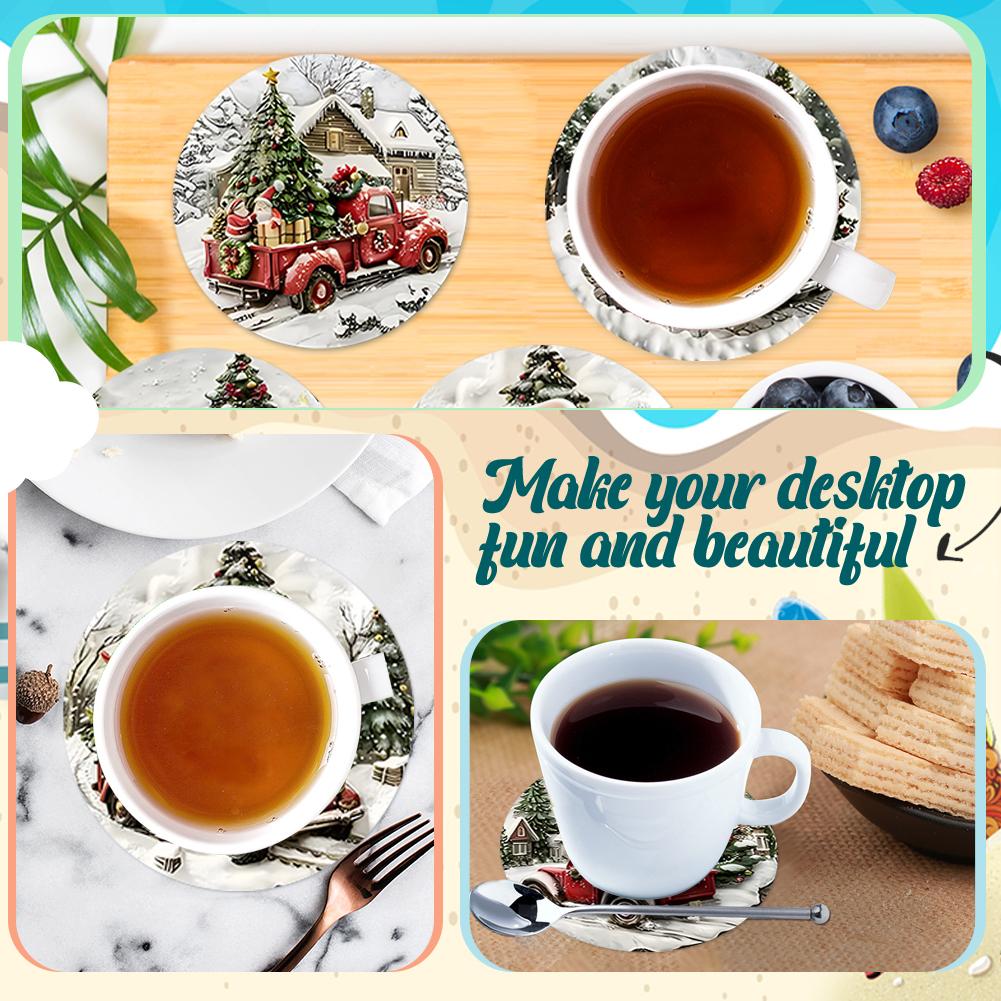 

8Pcs Wooden Christmas Truck 5D Diamond Painting Kits Diamond Art Coasters DIY Circular Coaster Diamond Dot Kits for Home Office