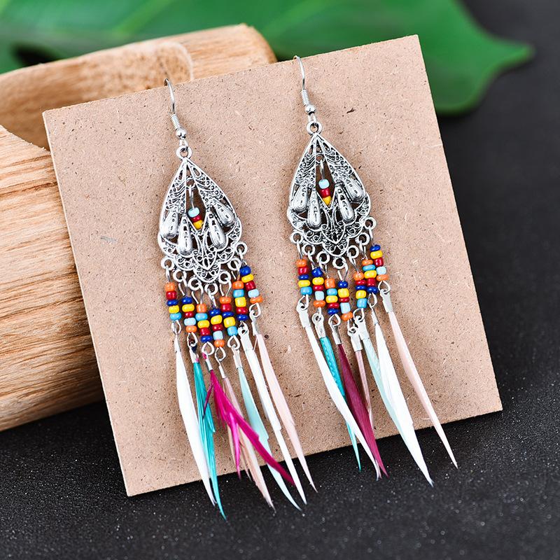 

Bohemian Vintage Ethnic Long Feather Tassel Earrings For Women Colorful Drop Dangle Female Wedding Earrings Zircon Party Gift