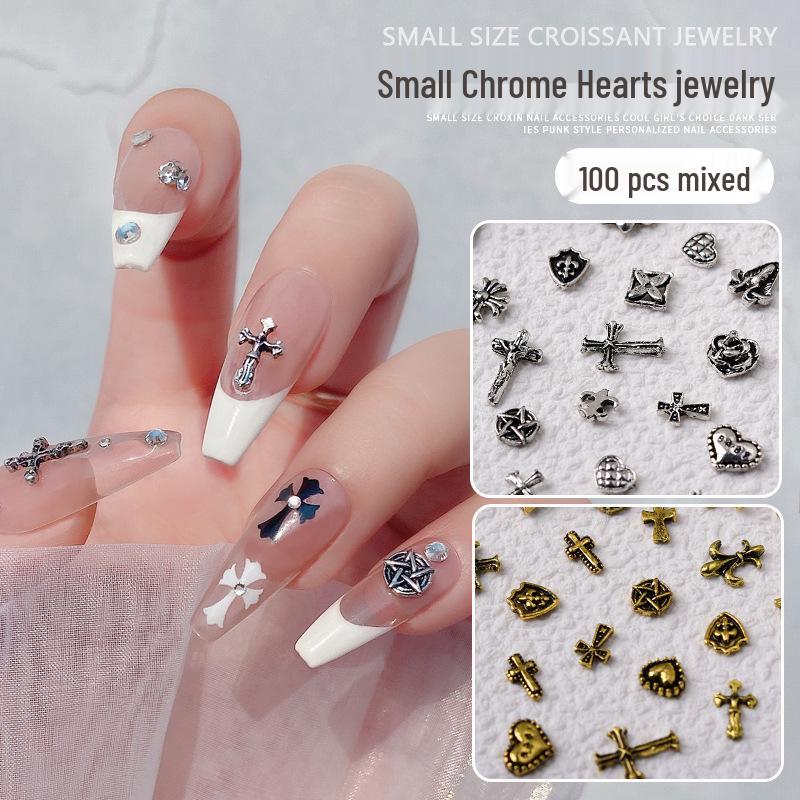 

100pcs Dark Chrome Heart Nail Charms - Punk Style Alloy Decoration Set