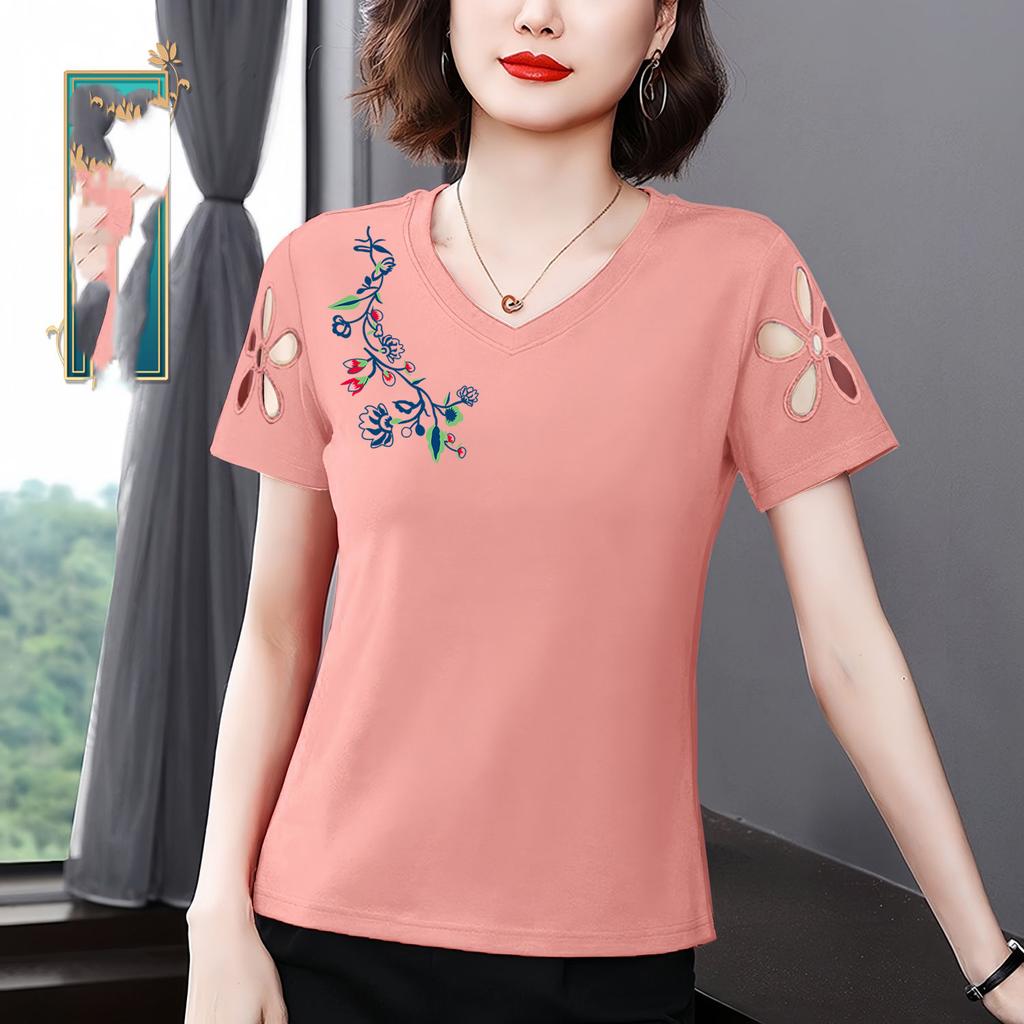 Summer Women's Pullovers Solid Color V-Neck Embroidery Hollow Out Fashion Loose Short Sleeve Commuter T-shirt Tops