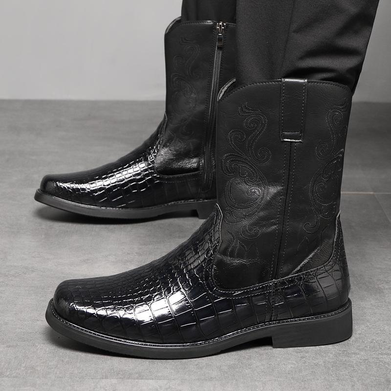 Fashion Men's Wide Width Tall Cowboy Boots Fall 2025 PU Leather High Shaft Western Embroidered Workwear Vintage Riding Boots for Outdoor