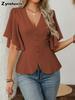 Deep V-Neck Ruched Waist Short Sleeve Top New Spring Fashion for Women