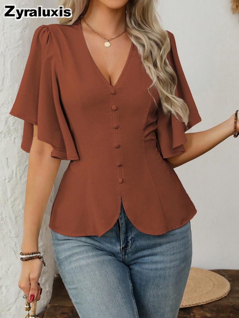Deep V-Neck Ruched Waist Short Sleeve Top New Spring Fashion for Women