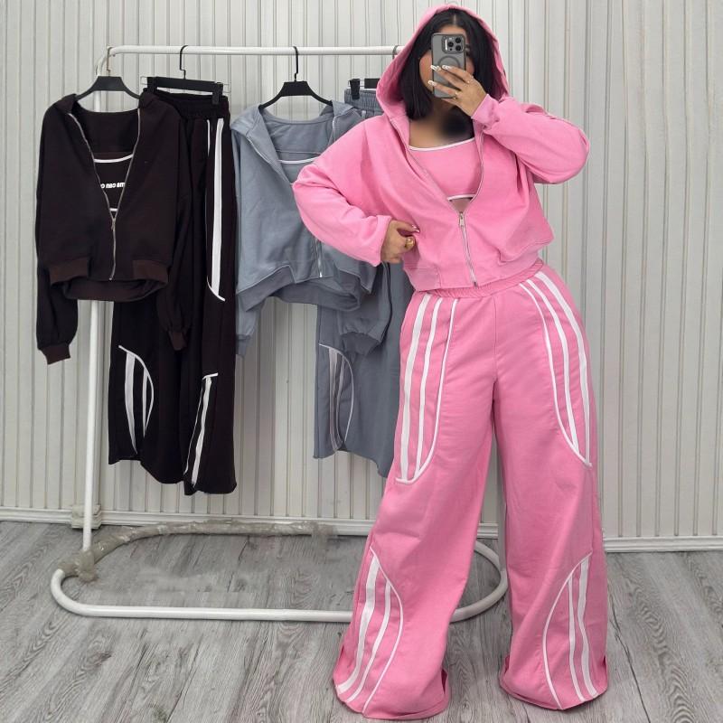 Womens Streetwear Hooded Two-Piece Set With Stripe Panel Detail Long Sleeve Open-Front Top Drawstring Pants