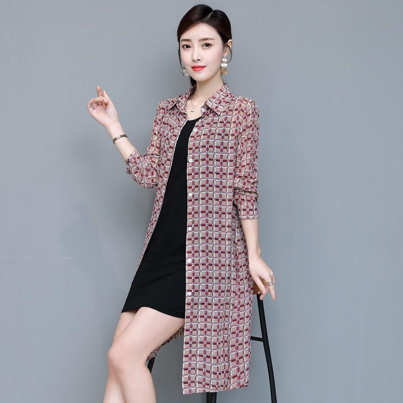 

Кардиган, в западном стиле, большого размера, в клетку, средней и большой длины, женский с длинными рукавами, шаль, шифоновая рубашка, рубашка, жакет, тонкий 3XL фиолетовый