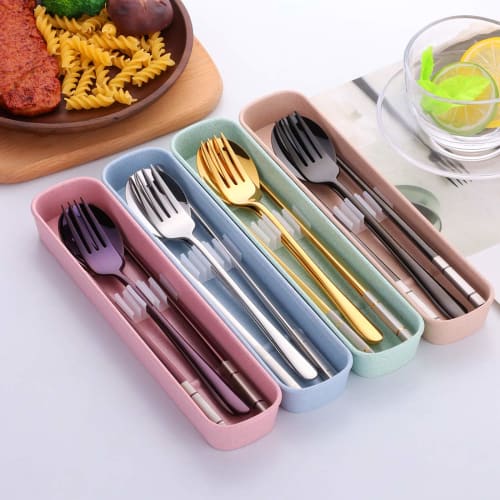 Do Buy Trio Set: Chopsticks, Spoon, and Fork, 3-Piece Set, Made of 18-8 Stainless Steel with a Stylish Wheat Container, 23cm Laser Chopsticks, Titaniu