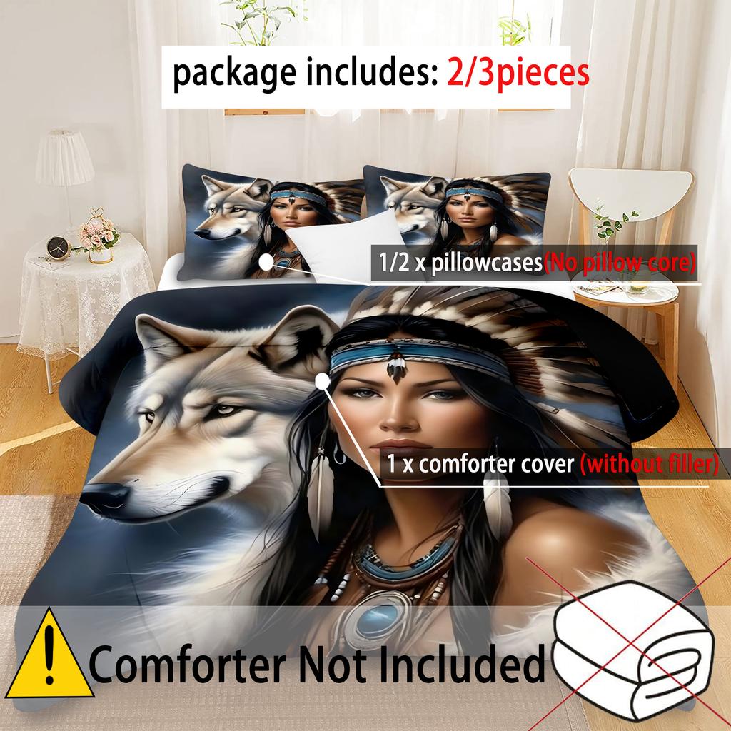 Wolf And Beauty Pattern 3D Printed Quilt Cover Pillowcase Soft Comfortable Bedding Set Wildlife Exotic Style Duvet Cover Set