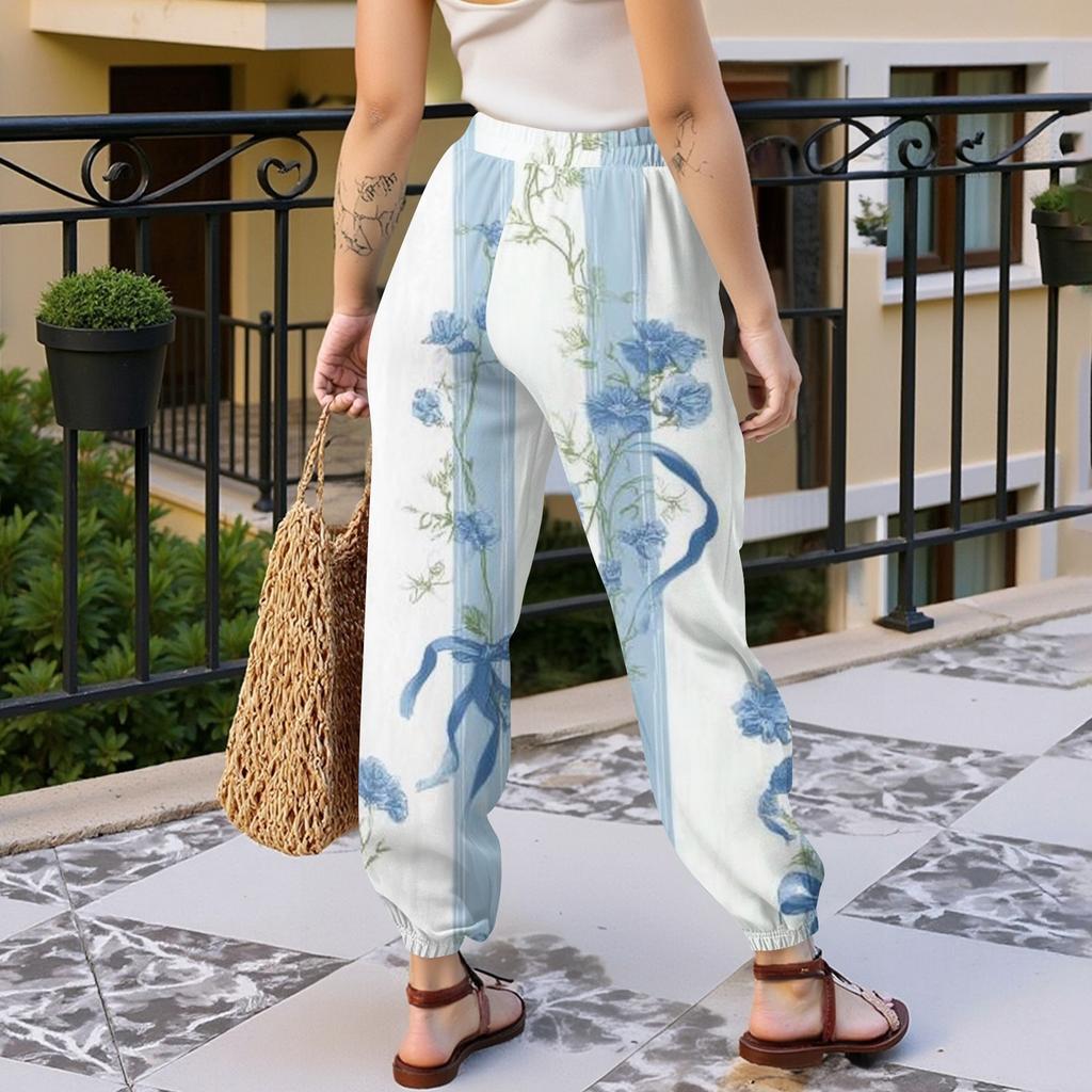 Women's Floral Print Casual Jogger Sweatpants with Elastic Drawstring Waist and Tapered Leg