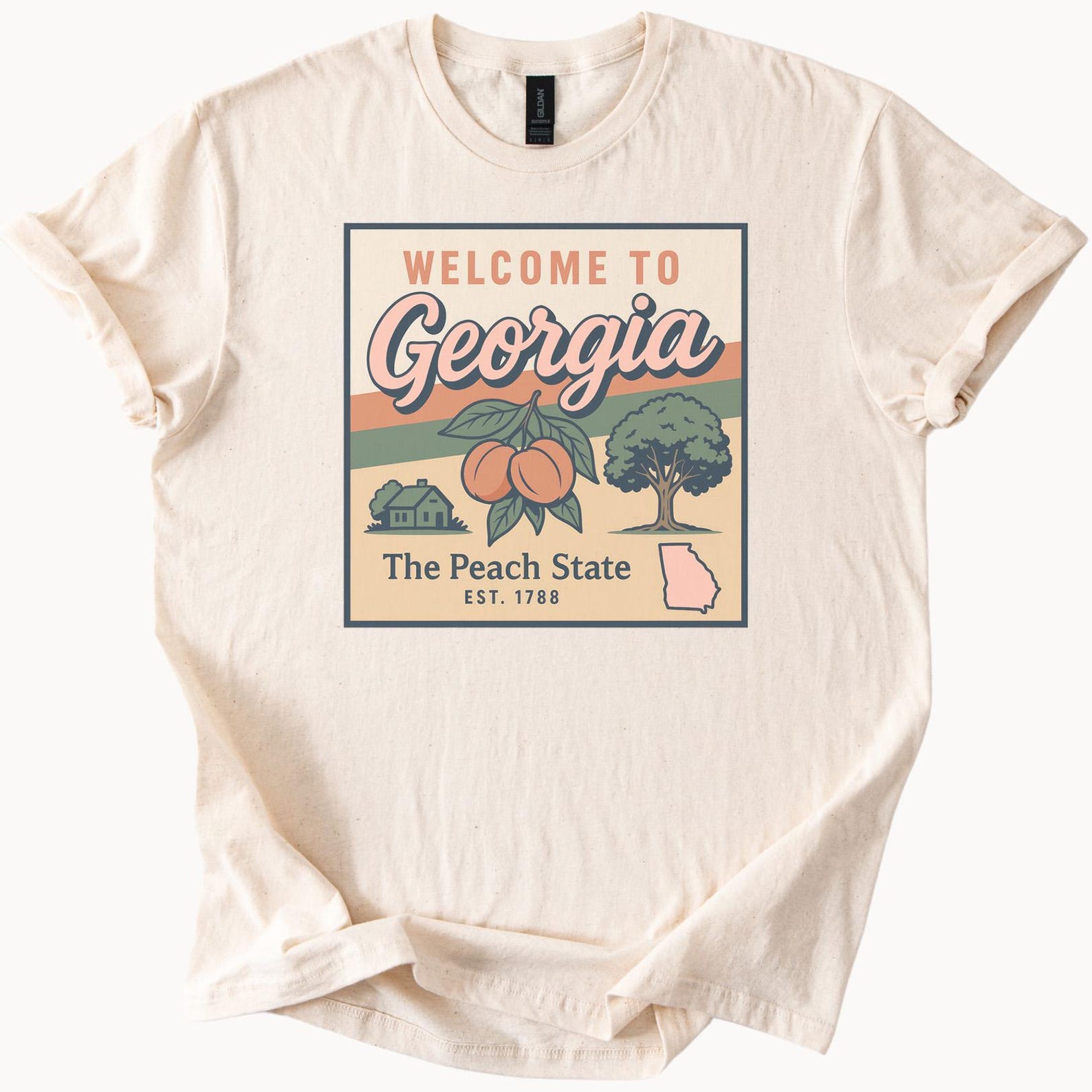 Georgia Peach State Graphic T Shirt Welcome to Georgia Est 1788 Souvenir Peach Tree Farmhouse Illustration State Map Tee Shirt 150