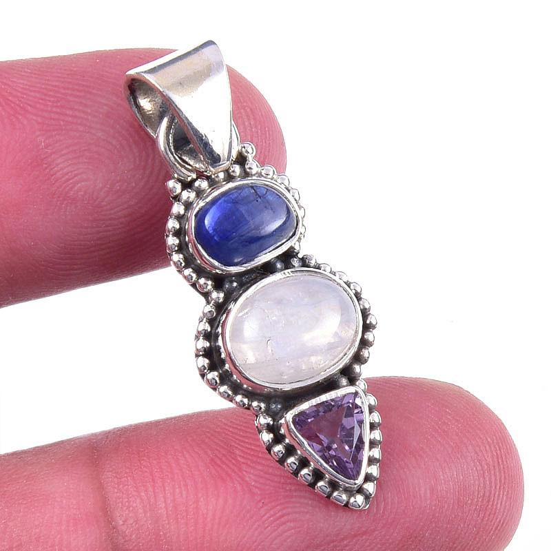 

Natural Rainbow Moonstone, Kyanite 925 Solid Sterling Silver Pendant 1.25 n5T41