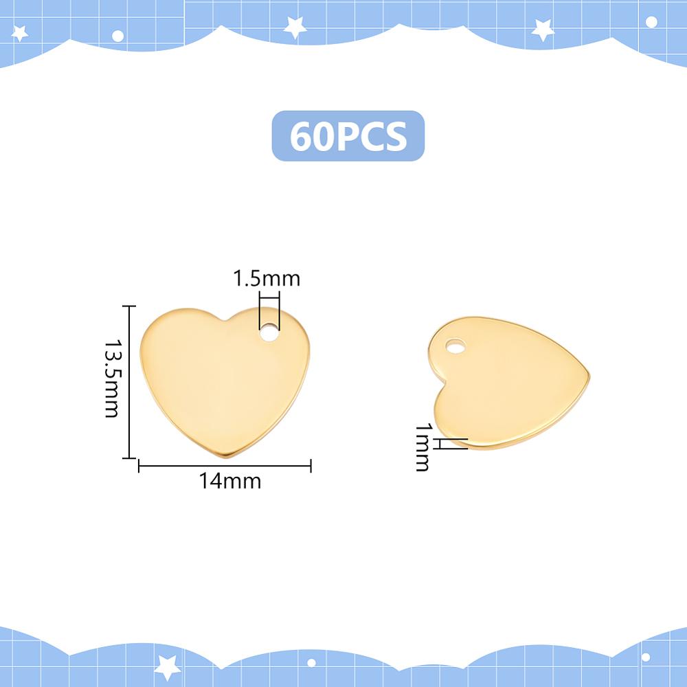 60Pcs Ion Plating(IP) 201 Stainless Steel Charms Heart Charms Real 18K Gold Plated 13.5x14x1mm Hole: 1.5mm
