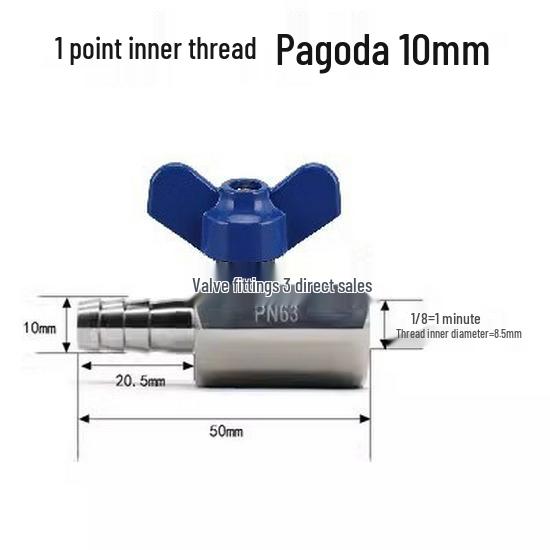 304 Stainless Steel Mini Ball Valve with Butterfly Handle, Internal/External Threads, High Pressure, 4-Way Pagoda Tube Connector.