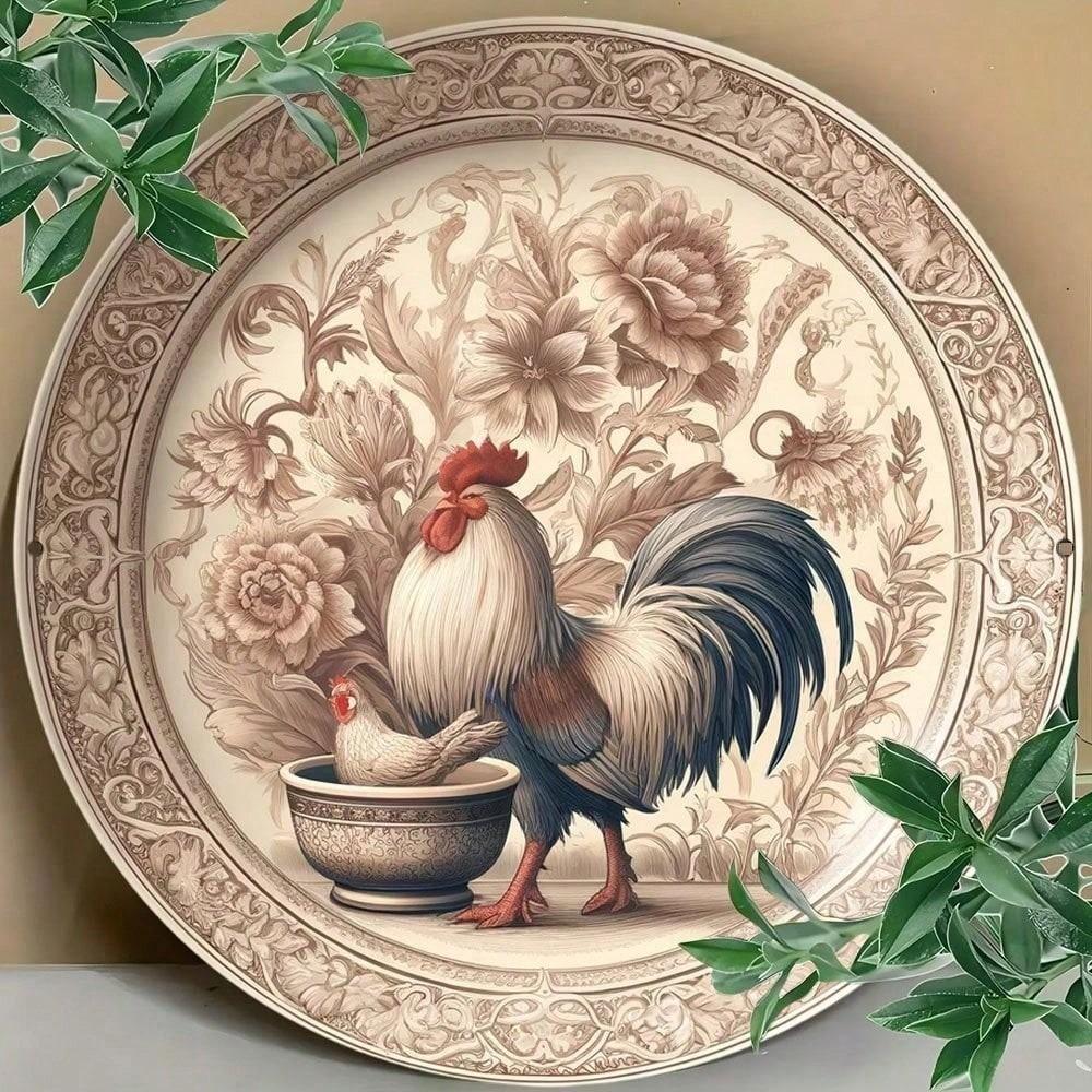 Metal Rooster Sign 8x8 Inch Vintage Wall Art, 2D Aluminum Farmhouse Decor, Retro Tin Plaque for Kitchen