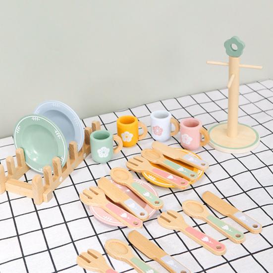 Wooden Kitchen Toy Set for Kids Wood Dinnerware Playset with Plates Cups Cutlery And Holders Simulated Play House Kitchen Pretend Toy Gift
