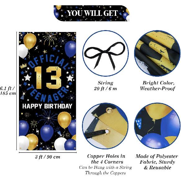 Vicycaty Happy 13th Birthday Decorations for Boys Girls, 13th Birthday Banner Backdrop, Fabric 13 Official Teenager Party Yard Sign Photo Props Door