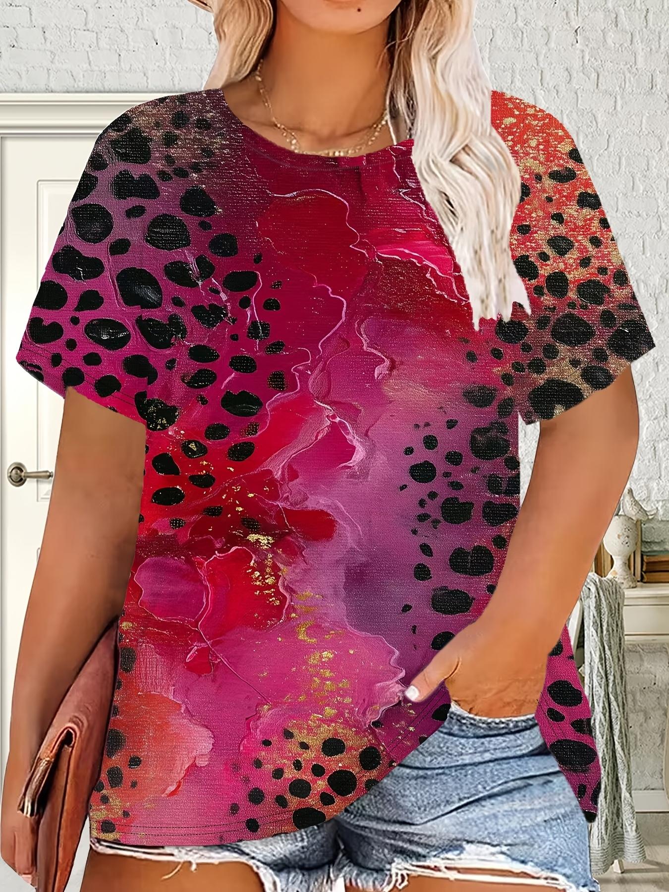 

Plus-Size Women S Round-Neck Short-Sleeve T-Shirt with Red-Purple Gradient Leopard Print And Golden Foil Print. in a Sexy Style. Loose-Fitting And. Un M дубильна кора